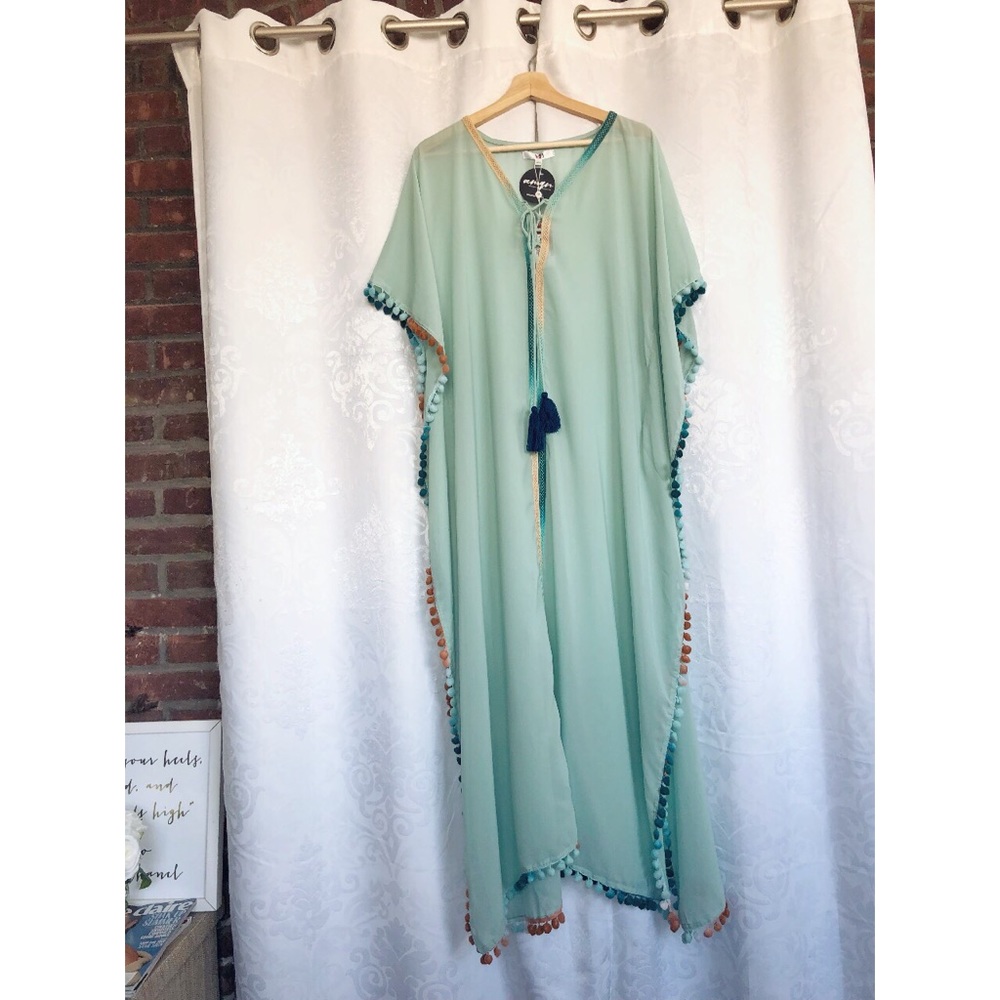 Frosty Aqua Sheer Pom Pom Kimono Cover Up - Picture 5 of 8